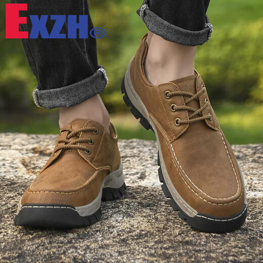 
EXZH brand 2024 new work shoes for men genuine leather thick sole round head non-slip outdoor casual big-head leather shoes men wide version 9715 black 39