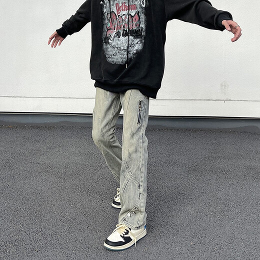 Thunder Han American Retro Waschanschluss Jeans Lose High Street Straight HipHop Design Sinn hübsches, vielseitige Hosen XT-Sxnz-7029 Black M.