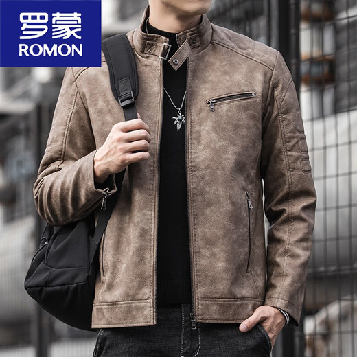 ROMON (ROMON) 2025 new men's motorcycle leather jacket leather jacket slim-fit stand collar brown imitation leather motorcycle suit retro black [model] plush XL