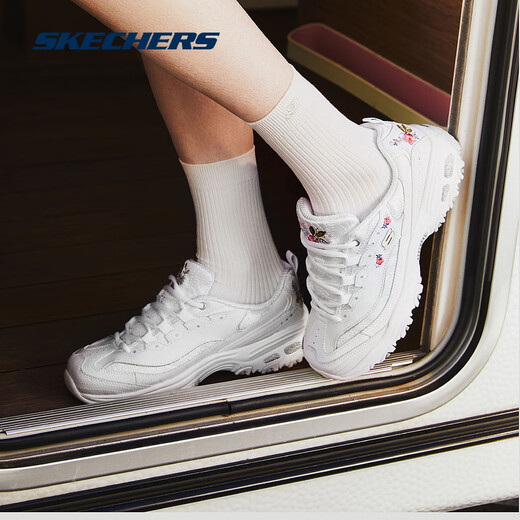 Skechers outlets dad shoes women's shoes classic black and white panda shoes personalized snake-print thick-soled sneakers 11979-white/silver/WSL 35