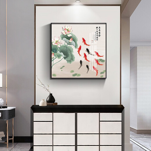 Xiaolulin Chinese style Jiuyu drawing decoration painting restaurant painting study office tea room hanging painting entrance entrance cabinet living room mural 15911 surplus year after year tempered crystal porcelain 70*70 black frame