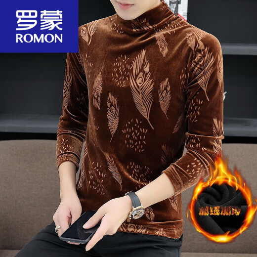 Romon Plus Velvet épaissis de demi-collé de base à col roulé pour le t-shirt à manches longues en velours en or noir pour hommes en automne et hiver intérieur usure t 691 noir m