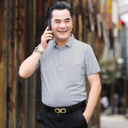 普戈斯夏季纯棉短袖t恤男士宽松中老年男装翻领上衣大红色夏天爸爸衣服 翻领701红色 XL 52# 【135-150斤】