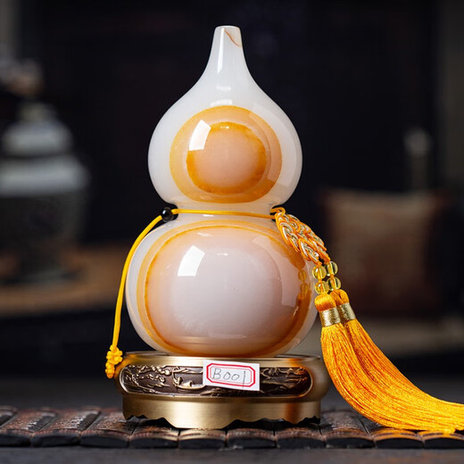 天然玉石葫芦铜玉摆件乔迁开业礼品中国风客厅摆设 13白玉葫芦15807配黄铜底座+流苏