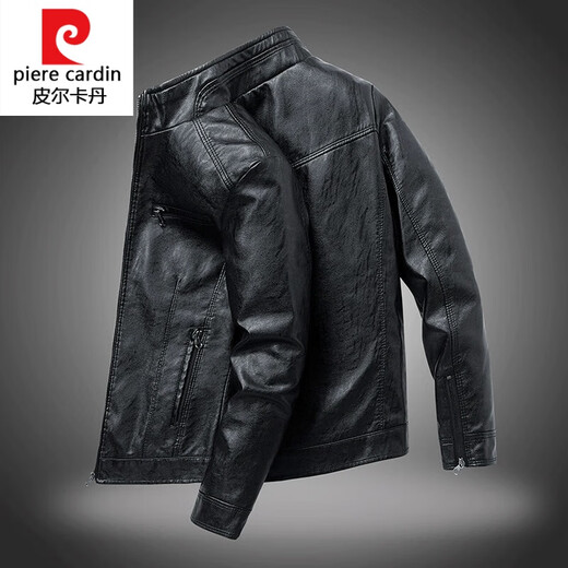 Pierre Cardin leather jacket men's 2025 new autumn and winter velvet thickened handsome casual motorcycle jacket leather jacket K new product black 1302 regular M