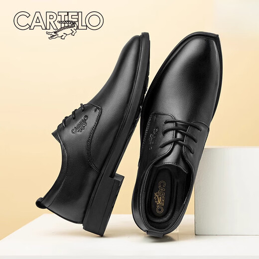 卡帝乐鳄鱼（CARTELO）皮鞋男正装商务软底德比鞋2024新款男士真皮新郎结婚 黑色内增高-头层牛皮-6623G 38 标准皮鞋码