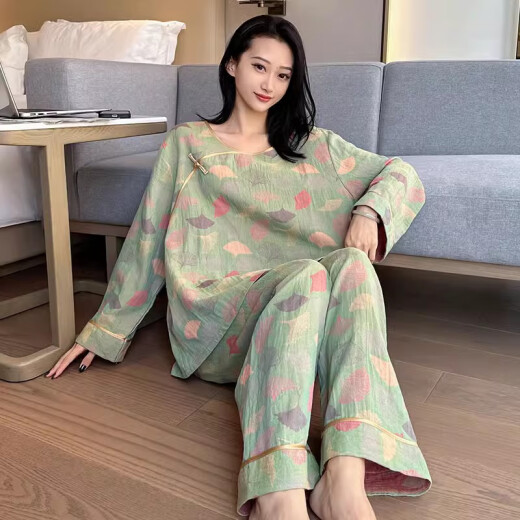 裁雨留虹胖mm睡衣女春秋大码复古中国风碎花棉纱家居服加肥加大200斤 yz16802 4XL  130-180斤