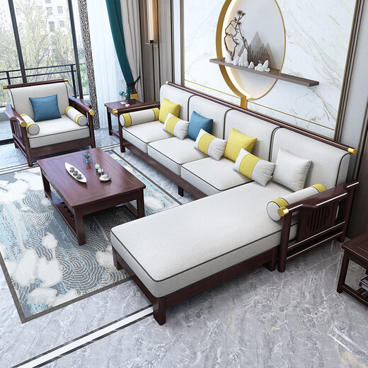 No. 1 Haoting Solid Wood Sofa Modern Chinese Rubber Wood Single and Double Three-person Small Apartment Combination Living Room Furniture New Model 9901# Five-person Seat + Guifei + Drawer Coffee Table [Frame] Cotton and Line Cloth Cover