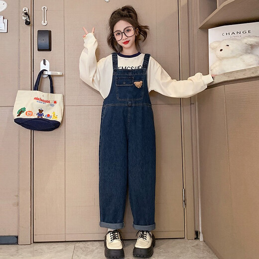 Chili Pepper Diary Girls Denim Overalls Spring and Autumn New Medium and Large Children's Style Loose Straight Temperament Versatile Casual Pants Overalls + Bottoming Shirt (Set) Size 150 Recommended height is about 135-145 cm