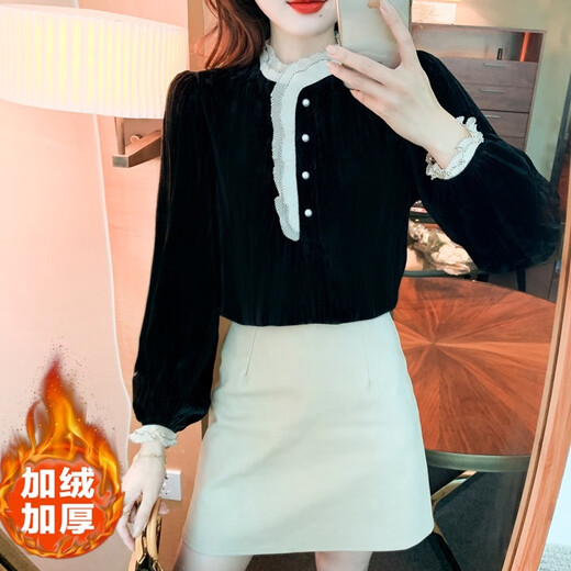 Pierre Cardin Autumn and Winter Thickened Gold Velvet Top Women's New Fashion Stand-up Collar Lace Shirt Bottoming Black Shirt Black 5XL 170-185Jin Jin is equal to 0.5 kg