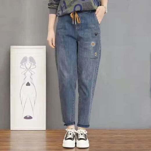 Xueche 2025 Elastic Guangzhou xintang Jeans Джинсы женский случайные брюки с гаремами высокая талия осенняя эластичная талия девятиточечная брюки 9905 Модель [вышитый цветок] Эластичная эластичная талия M Рекомендуется 100-115Jin [Jin Equals 0,5 кг]