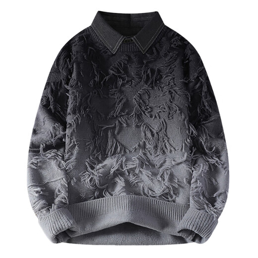 Two-piece men's gradient shirt collar sweater men's destructive tassel sweater men's thermal inner wear 9738 grey [round neck] M about 90-110 Jin [Jin equals 0.5 kg] can be worn