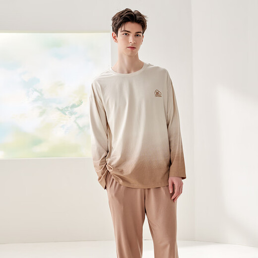 Fenton Couple Pajamas Fan Chengcheng's Same Style Star's Same Style Autumn Temperature Control Sleep Clothes Round Neck Home Clothes Set Elegant Brown-Men's 2XL