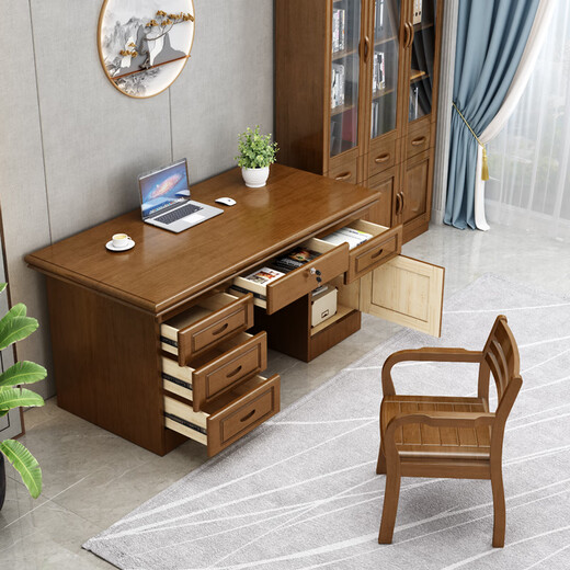 Rulan solid wood desk computer desk boss desk and chair combination new Chinese style home office writing solid wood desk 1.4m boss desk (walnut color)