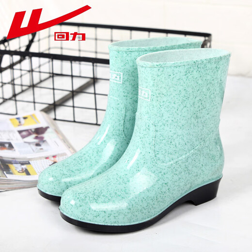 Pull back women's rain boots adult mid-calf rain boots waterproof shoes rubber shoes overshoes water boots HXL5Z3 spotted green 38