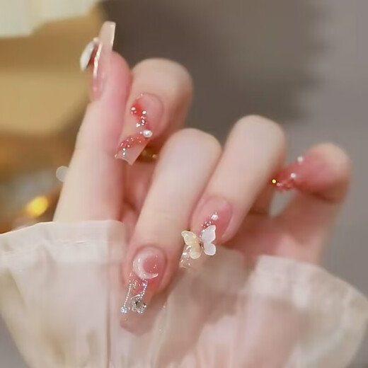 春夏高级感假指甲可拆卸可摘美甲甲片成品穿戴式指甲贴蝴蝶穿戴甲 L15253微醺梦境【长款】 美甲胶水款