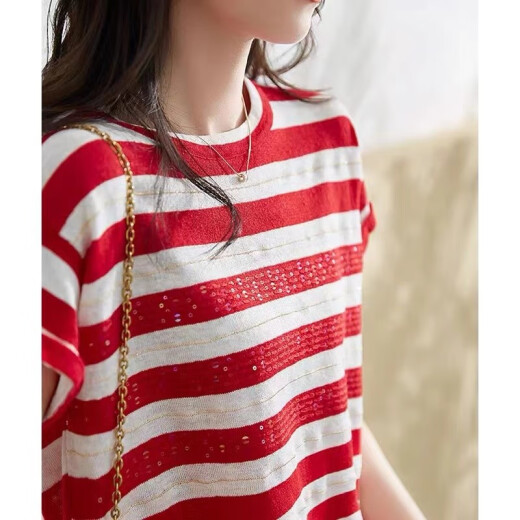 Yunzhuang Diemeng short-sleeved T-shirt for women 2023 summer new cotton and linen simple age-reducing loose summer bottoming shirt half-sleeved top red striped S (recommended 80-90Jin [Jin equals 0.5 kg])