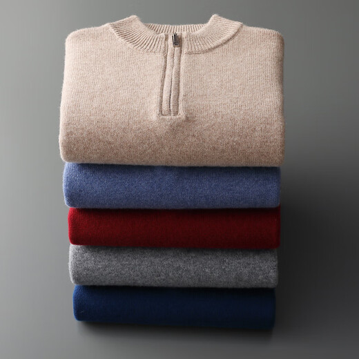 Men's thickened and warm autumn and winter pure cashmere sweater half-height zipper solid color long-sleeved pullover sweater produced in Ordos City - rust red M