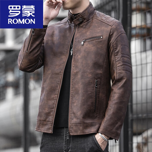 ROMON (ROMON) 2025 new men's motorcycle leather jacket leather jacket slim-fit stand collar brown imitation leather motorcycle suit retro black [model] plush XL