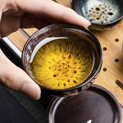 Jianzhan Kungfu tea set household kiln modified Tianmu glaze tea cup teapot tea tray ceramic Jun kiln sand gold tea set 10 heads (gold sand gold/beauty pot) + rectangular (striped) melamine/black