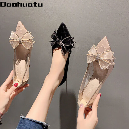 Daohuatu rhinestone bow high heels women's stiletto heels 2021 summer new versatile lace pointed crystal single shoes wedding shoes mesh black upgraded version 5 cm 35 standard size