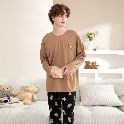 Fenton Couple Cotton Pajamas Women's New Breathable Fashionable Round Neck Can Be Weared Outside Men's Home Clothing Suit Khaki (Male) L