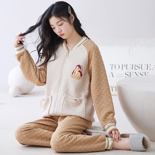 芊之雅（QIANZHIYA）睡衣女生秋冬季加厚纯棉夹层长袖家居服加棉空气棉保暖薄夹棉套装 MFT-15275# 女L/165