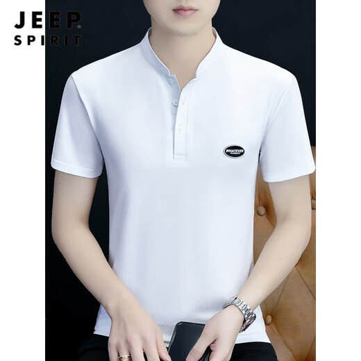 JEEP SPIRIT夏季立领男士短袖t恤纯棉简约百搭纯色半截袖男装休闲体恤衫纽扣 YPT200黑色 XL 建议130-145斤
