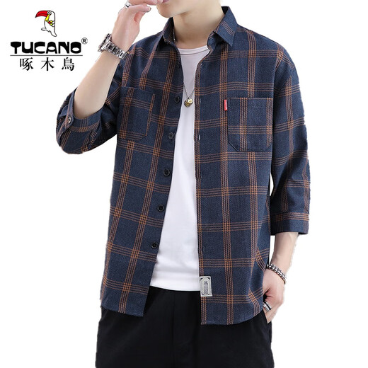 Woodpecker (TUCANO) shirt men's autumn new plaid shirt jacket men's outer wear casual quarter-sleeved shirt top men's clothing DC659 yellow grid L (recommended 100-120 Jin [Jin equals 0.5 kg])