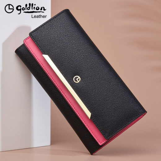 Goldlion Wallet Women's Long Genuine Leather Women's Tri-fold Wallet Cowhide Bag Fashion Clutch Mobile Phone Bag Large Capacity Clutch Black with Plum Red [Officially Authorized-Fake One Penalty Ten]