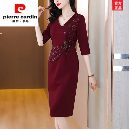皮尔卡丹高端喜婆婆婚宴装晚礼服裙高贵年轻小个子妈妈婚礼服时尚洋气夏季 酒红色 2XL