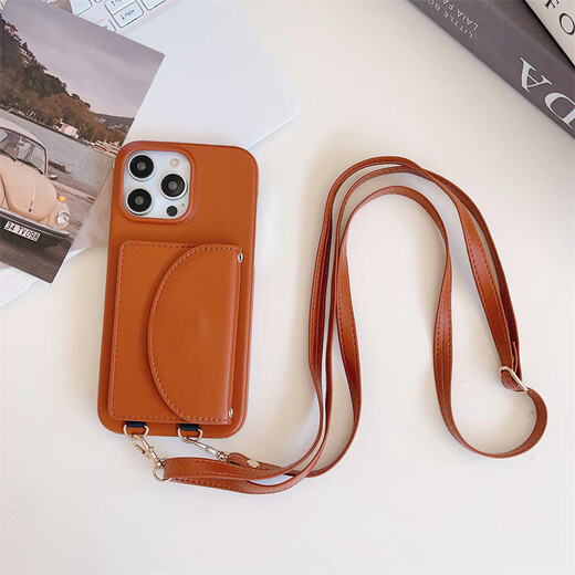 怡伽适用iPhone15手机壳卡包挂绳苹果13腕带插卡荔枝纹苹果14手机壳 双层零钱包黑色 iPhone15promax