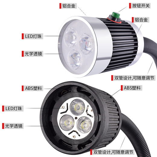 Polyo LED-Werkzeugmaschinen-Arbeitslampe, Beleuchtungslampe, Stanzfräsmaschine, Schleifmaschine, Tischlampe, weiche Polröhrenlampe, starker magnetischer Eisensockel, CNC-Werkzeugmaschinenlampe, 24 V, 220 V, 10 Kunststoff-Lampenfassung + Schalter, magnetische Fixierung, 110–220 V (5 W)