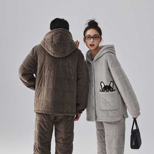Kissing Cat Hooded Island Velvet Quilted Couple Pajamas Women's Winter Suit Three Layers Thickened Men's Home Clothes Outerwear 7032 Tea Brown Men L