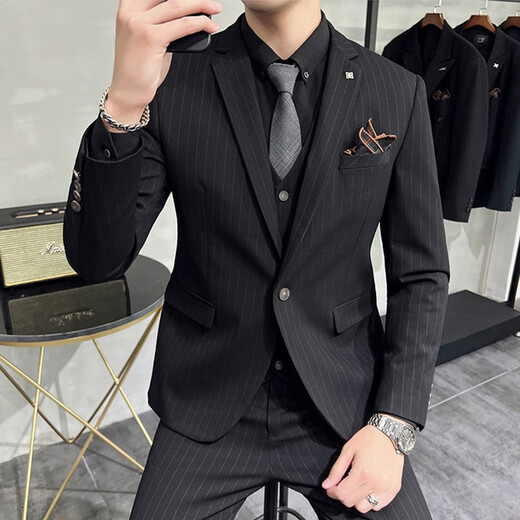 杰逊斯新郎结婚西服套装男商务休闲正装礼服青年修身条纹西装男士三件套 黑色（西装+衬衫+裤子） M