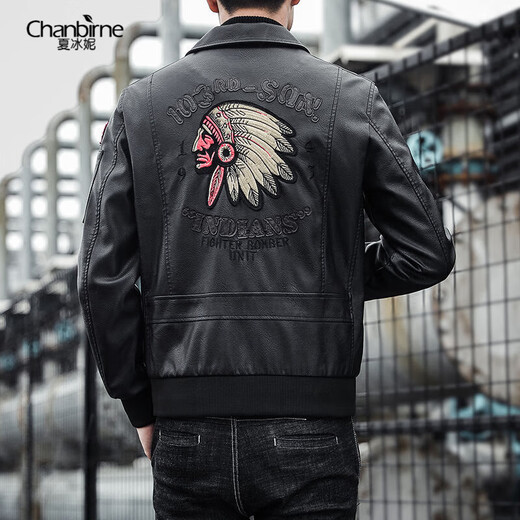 Xia Bingni jacket men's leather jacket men's slim and handsome embroidered autumn and winter new lapel plus velvet pilot motorcycle suit black (plus velvet winter style) L