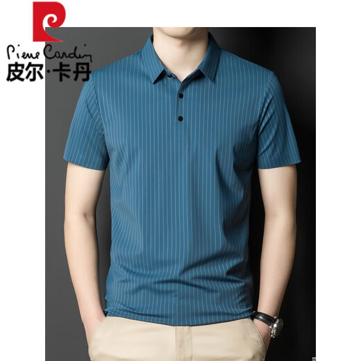 皮尔卡丹夏季翻领无痕短袖T恤男士竖条纹休闲polo.衫男装潮流薄款冰丝半袖 灰色 6996 L 175