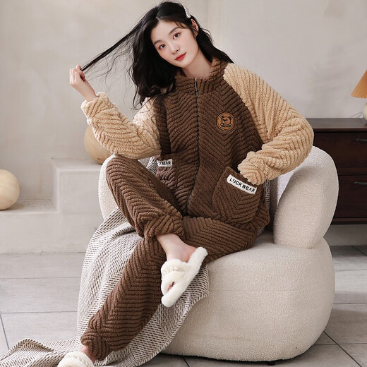 取纯睡衣女秋冬季法兰绒加绒加厚珊瑚绒甜美可爱冬天女圆领家居服套装 9712可可棕 M:适合穿着体重80斤-100斤