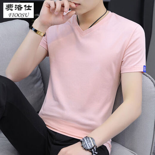 Phelos summer men's short-sleeved T-shirt solid color cotton thread slim-fit trendy V-neck white half-sleeved top summer ice silk t-shirt white L (105-120Jin[Jin equals 0.5 kg])