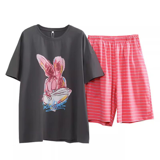 九红妃大码睡衣套装女200斤胖mm纯棉短袖短裤夏季卡通宽松家居服可外穿 MSH828D灰色 均码 （120-200斤）