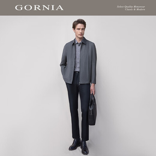 格罗尼雅（GORNIA）男士灰色100%绵羊毛舒适百搭夹克纯羊毛翻领商务休闲风经典外套男 灰色 L