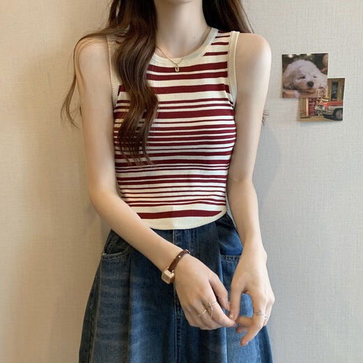 柒十念条纹针织吊带背心女夏季外穿年新款无袖修身纯欲内搭打底上衣 20155白条 均码 (70-125斤可穿)