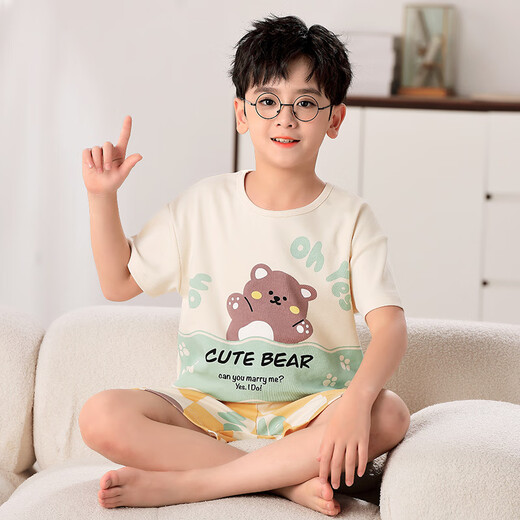曼妮朵夏季儿童睡衣纯棉短袖短裤薄款男孩大童全棉青少年男童家居服套装 F724【双短】 175cm 加大L码【115-135斤】