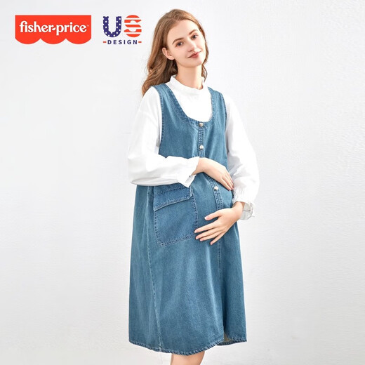 Fisher-Price Maternity Autumn Dress 2025 New Shirt Denim Suspender Skirt Autumn and Winter Two-piece Suit for Women Dark Blue Denim Suspender Skirt Suit M 98-120Jin Jin equals 0.5 kg Suitable to wear