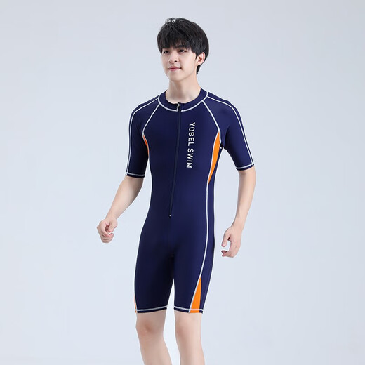 Yobel youth swimsuit one-piece men's one-piece swimsuit quick-drying sun protection surfing suit long-sleeved plus size swimsuit professional training navy orange short-sleeved one-piece adult L160-165 recommended 110-125 Jin Jin equals 0.5 kg