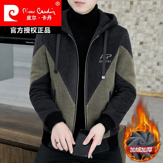 Pierre Cardin brand men's autumn and winter woolen coat men's hooded jacket men's tops plus velvet thickened woolen jacket for men black XL