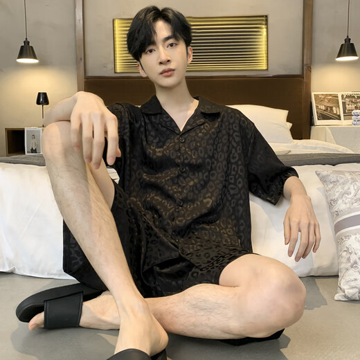 莫代尔睡衣男士夏季冰丝短袖薄款夏天黑色仿真丝绸夏款可外穿家居服套装 【冰丝】S1381男 XL