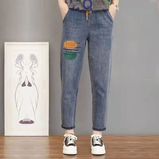Xueche 2025 Elastic Guangzhou xintang Jeans Джинсы женский случайные брюки с гаремами высокая талия осенняя эластичная талия девятиточечная брюки 9905 Модель [вышитый цветок] Эластичная эластичная талия M Рекомендуется 100-115Jin [Jin Equals 0,5 кг]
