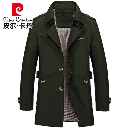 Pierre Cardin spring and autumn men's windbreaker mid-length lapel coat men's coat large size cloak new work wear casual light khaki XL