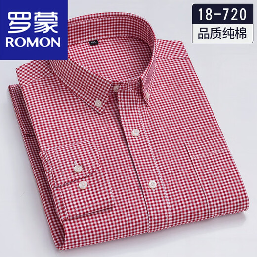 ROMON (ROMON) 100 pure cotton men's small plaid long-sleeved shirt spring and autumn middle-aged and young casual hair-worn cotton shirt men's clothing 18-719 blue and white plaid 41/XL [135-150Jin [Jin equals 0.5 kg]]